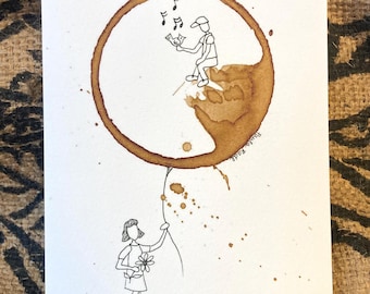 COFFEE cup ring stain Art Painting "Glimmers of Hope"  5x7 Giclée PRINT of original, Flower, Bird, Love, Hope by Paula Radl matted to 8x10