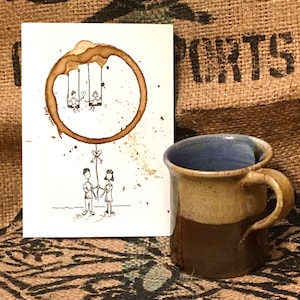 COFFEE cup ring Art illustration drawing &quot;Meant to Be&quot;  5x7 Giclée PRINT of original Relationship, Love, Friendship, Hearts matted to 8x10