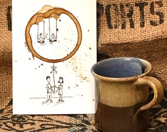 COFFEE cup ring Art illustration drawing "Meant to Be"  5x7 Giclée PRINT of original Relationship, Love, Friendship, Hearts matted to 8x10