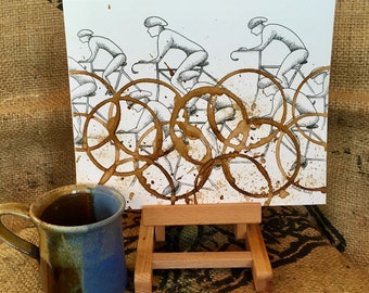COFFEE cup Ring Art "The Big Ride "  8x10 Giclee' PRINT of Original Coffee Wall Art, Century Ride, Road Cycling, Biking, Bicycle, Bicyclist