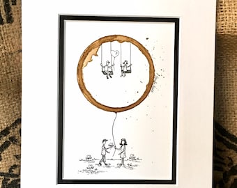 COFFEE cup ring Art  "Simple Love Blooming "  5x7 Giclée PRINT of original Relationship, Love, Friendship, Hearts matted to 8x10