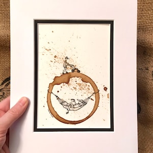 COFFEE ring stain Art Painting "Fruits of Your Labor "  5x7 PRINT of original, Hammock, Relaxing, Lawn mowing by Paula Radl matted to 8x10