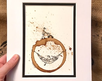 COFFEE ring stain Art Painting "Fruits of Your Labor "  5x7 PRINT of original, Hammock, Relaxing, Lawn mowing by Paula Radl matted to 8x10