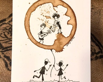 Music Inspired Coffee Ring Stain Art- "Java Jam" Musical Sax Guitar Reggae Theme, Giclée Print 5x7 matted to 8x10, Musicians, Band, Dancing