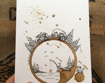 COFFEE Cup Ring Art Painting "Catching a Break" 5x7 Giclée PRINT of original Vacation Camping Fishing RV Camper Retro Dog matted to 8x10