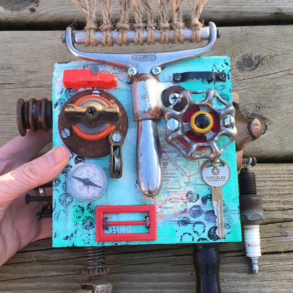 Found Object Assemblage ART "Chester" Eclectic Traveler Quirky Funky Vintage Mixed Media OOAK Unique Wall Art