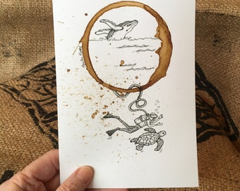 Ocean Vibes Coffee Cup Ring Art, Whale Turtle Scuba Diver Underwater Seascape 5x7 PRINT of original "Breath of Fresh Air" matted to 8x10
