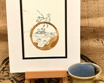 COFFEE Ring Stain Art Illustration "Just Ducky"  5x7 PRINT Rubber Ducky, Relaxing. Swimming, Ducks matted to 8x10