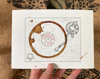 Vintage Retro Turntable LP Vinyl Record Player COFFEE Ring Stain Art Illustration "Caffeine on Wax"  5x7 PRINT matted to 8x10 Kitchen Decor