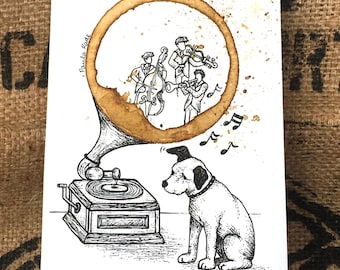 COFFEE Ring stain Art "Easy Listening "  5x7 Giclée PRINT of Original Dog, Band Music, Vintage Phonograph Gramophone matted to 8x10 wall art