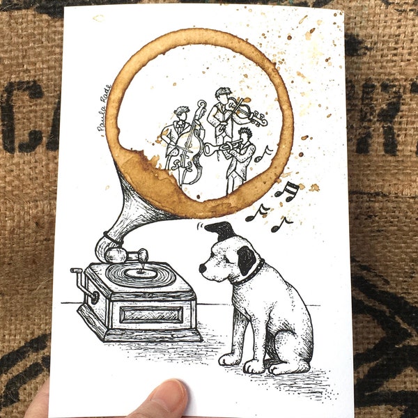 COFFEE Ring stain Art "Easy Listening "  5x7 Giclée PRINT of Original Dog, Band Music, Vintage Phonograph Gramophone matted to 8x10 wall art