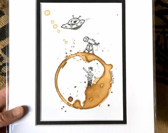 COFFEE Ring Art Illustration "Just Passing Through "  5x7 Giclée PRINT of Original, Alien, Spaceship, Telescope, Space theme-matted to 8x10