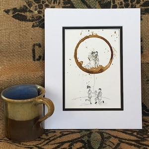COFFEE Ring stain Art &quot;To Love and to Cherish&quot; Giclee&#39;  5x7 PRINT of Original, Couple, Wedding, Marriage, Proposal, Relationship matted 8x10