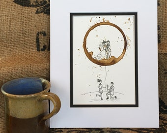 COFFEE Ring stain Art "To Love and to Cherish" Giclee'  5x7 PRINT of Original, Couple, Wedding, Marriage, Proposal, Relationship matted 8x10