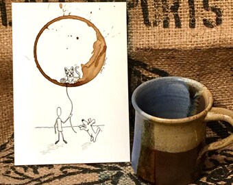COFFEE Ring Art painting "Invitation to Play" 5x7 Giclée PRINT from original Dog and Cat, Attitude, Playful matted to 8x10