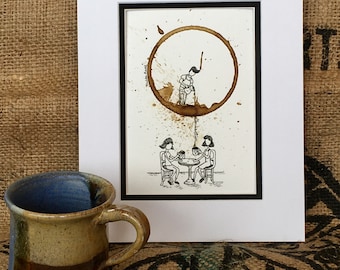 COFFEE Cup Ring Art "Bottomless Cup"  Café', Coffee Bar, Barista, Conversation, Friendship, Sisters  5x7 PRINT of original matted to 8x10