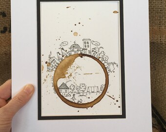 COFFEE Cup Stain Coffee Ring Art Painting "Simplicity"  5x7 Giclée PRINT from Original, Cityscape, Dog, Home, Simple Life matted to 8x10
