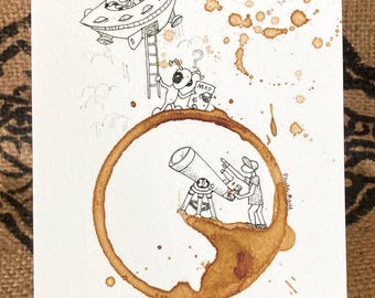 Kitchen Art COFFEE Ring Stain Drawing Alien-Outer Space Art Illustration "Lost in Space"  5x7 PRINT Whimsical matted to 8x10