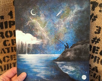 Fantasy 8x10 Art PRINT of original Painting, Nebula, Night Sky, Shooting Star, Moon, Clouds, Stars, Dreamy, Fishing, Spiritual -Paula Radl