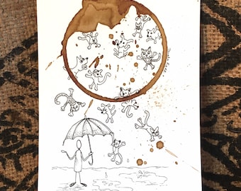 COFFEE Ring stain Art "Raining Cats and Dogs"  5x7 Giclée PRINT of original drawing,  Dog, Cat. Playful matted to 8x10