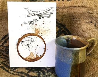 COFFEE Cup Ring stain "Free Fall"  Giclee'  5x7 PRINT of Original, Sky Diving, Extreme sport, Parachuting, Airplane, Café' Decor matted 8x10