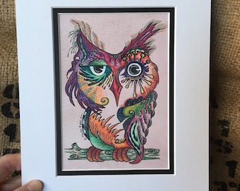 5x7 Art PRINT of Original  "Wise Owl" colorful, Whimsical, Zentagle style, Owl, bird, colored pencil and ink drawing, Wine-Paula Radl