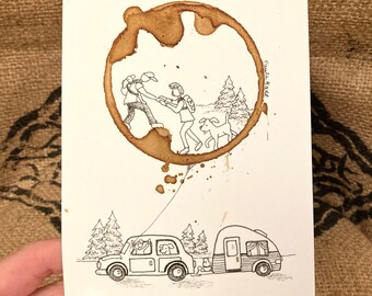 COFFEE Ring Stain Art Illustration "Making Memories"  5x7 PRINT Camping, Hiking, Dog, Nature, Outdoors RV, Retro Camper matted to 8x10