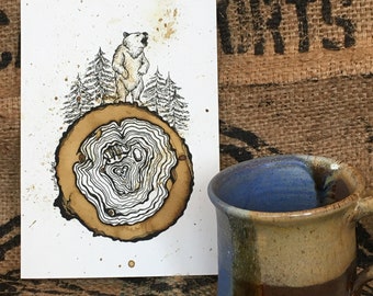 Whimsical Bear Coffee Painting 5x7 Print, 8x10 matted  "A Bear Before Coffee", Nature Wall Art, Coffee Ring Design, Unique Coffee Lover Gift