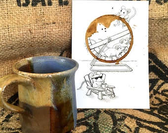 COFFEE ring stain Art Painting Illustration "Breaking Out"  5x7 PRINT Whimsical, Relaxing, Rat Race, Mouse, Retirement, matted to 8x10