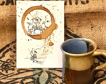 COFFEE cup stain Art Painting "Aspirations"  Drummer, Musician, Music, Band 5x7 giclée PRINT of original art matted to 8x10
