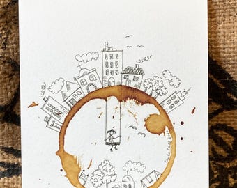 COFFEE cup stain Art Painting "Hanging Around Town"  5x7 Giclee' PRINT of Original, Cityscape, Swing, Home, Girl, Playful matted to 8x10