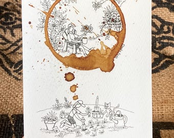 Kitchen Decor COFFEE Ring Stain Flower Gardening Art Illustration "Garden Goodness" 5x7 PRINT matted to 8x10 for Coffee Bar