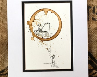 COFFEE cup Ring Art Painting "Catch of a Lifetime"  5x7 Giclee' PRINT of Original Love, Relationship, Heart, Fishing, Boat matted to 8x10