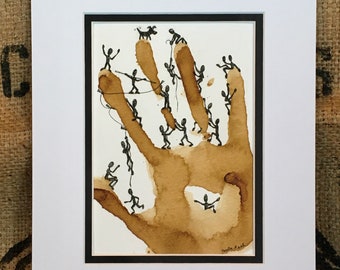 COFFEE Handprint Painting, Adorable Dog & People Illustration, Original Design 5x7 Giclée PRINT - "All Hands on Deck" matted to 8x10