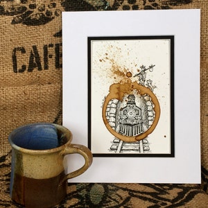 COFFEE cup Ring Stain Art Painting "Vagabond"  5x7 Giclee" PRINT of Original, Railroad, Trains, Explorer, Traveler, Dog, Hobo matted to 8x10