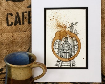 COFFEE cup Ring Stain Art Painting "Vagabond"  5x7 Giclee" PRINT of Original, Railroad, Trains, Explorer, Traveler, Dog, Hobo matted to 8x10