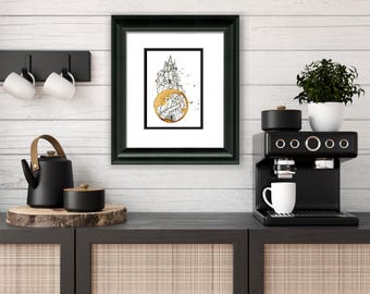 COFFEE ring stain Art Painting "Castles in the Sky "  5x7 Giclée PRINT Fantasy, Castle, Magical  matted to 8x10