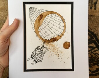 COFFEE Cup Ring stain "Souvenir Hunter"  Giclee'  5x7 PRINT of Original, Outer Space, Asteroid, Spaceship, Astronaut, Cafe' matted 8x10