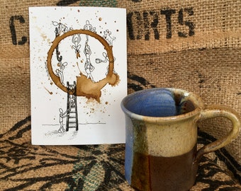 COFFEE CUP Ring Stain Wall Art "Boosting Connections" 5x7 PRINT of Original, Kindness, Playful People Connecting with Dog matted to 8x10