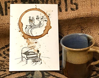 Art made from COFFEE illustration drawing "In Tune"  5x7 Giclée PRINT Relationship, Love, Dancing-Music-Piano Player matted to 8x10