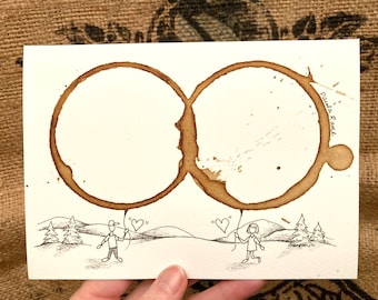 COFFEE Cup Ring Stain Coffee Lover Art "Mutual Attraction"  5x7 Giclee' PRINT from Original, Love, Relationship Couple, Café' matted to 8x10