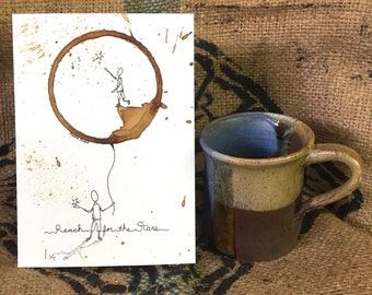 COFFEE cup ring stain Art Painting "Reach for the Stars"  5x7 Giclée PRINT of original, Stars, Inspiration, Encouragement matted to 8x10