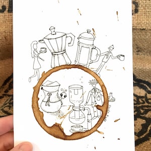 May include: A black and white illustration of different coffee brewing methods, including a French press, a moka pot, a pour-over coffee maker, and a siphon coffee maker. The illustration is surrounded by a coffee stain.
