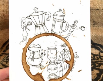 COFFEE Brewing Methods Art Illustration "Methods to Our Madness " 5x7 PRINT Wall Decor -Brewing Coffee- Chemex, French Press, Moka Pot