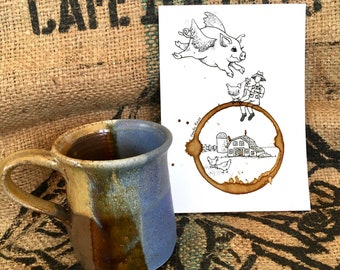 COFFEE Ring Stain Art Illustration "When Pigs Fly"  5x7 PRINT Whimsical Flying Pig, Chickens, Farm, Homesteading matted to 8x10