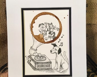 Kitchen Decor COFFEE Ring stain Wall Art "A Treat for the Ears"  5x7 PRINT of original Dog Band- Music Lover, Phonograph, Gramophone
