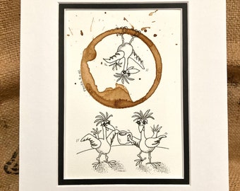 COFFEE Ring Stain Art Illustration "Happy Dance"  5x7 PRINT Whimsical Goofy Birds Dancing matted to 8x10