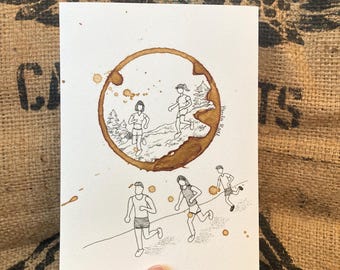 COFFEE Ring Art Illustration Drawing- Jogging, Trail & Road Running, Marathon "Runners High"  5x7 PRINT matted to 8x10 Wall Art Decor