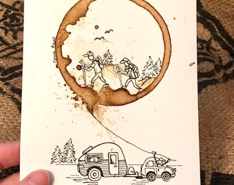 COFFEE Ring Art Painting "An Adventure We Will Go"" Couple, Retro, Camping, RV, Hiking, Nature 5x7 Giclée PRINT from original matted to 8x10