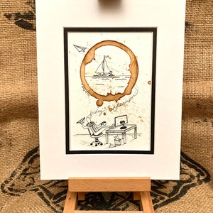 May include: A black and white illustration of a person sitting at a desk with a coffee cup and a computer. The person is throwing a paper airplane towards a coffee stain that resembles a sailboat on the water. The text "friday afternoon" is written in the coffee stain.